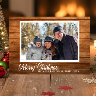 Christmas Photo Family Name Rustic Wood 2 Sided Card