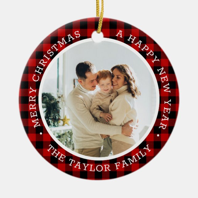 Christmas Photo family red Ceramic Ornament (Front)