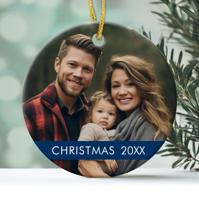 Christmas Photo Frame - Modern Ceramic Ornament (A modern, minimalist photo ornament with a blue accent and white type)