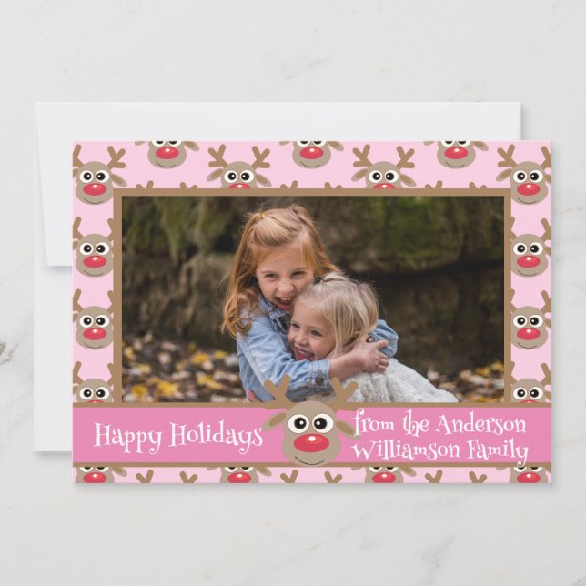Christmas Photo Girly Pink Cute Reindeer Pattern Holiday Card (Front)