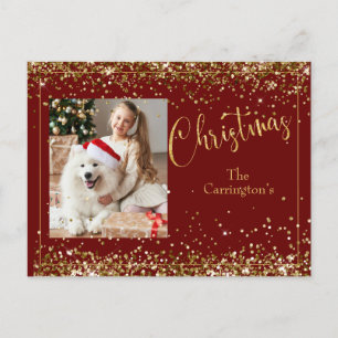 Christmas Photo Gold Glitter Script Holiday Postcard