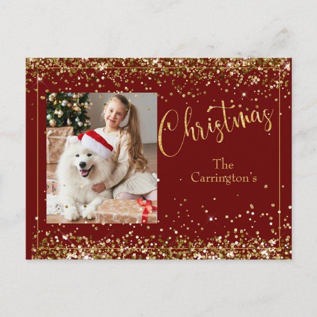 Christmas Photo Gold Glitter Script Holiday Postcard (Front)