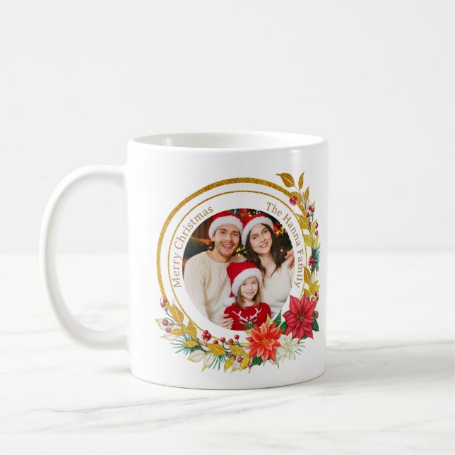 Christmas Photo - Gold Glitter Wreath Family Coffee Mug (Left)