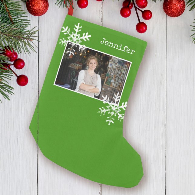 Christmas Photo Green Distressed Snowflakes Small Christmas Stocking (Creator Uploaded)