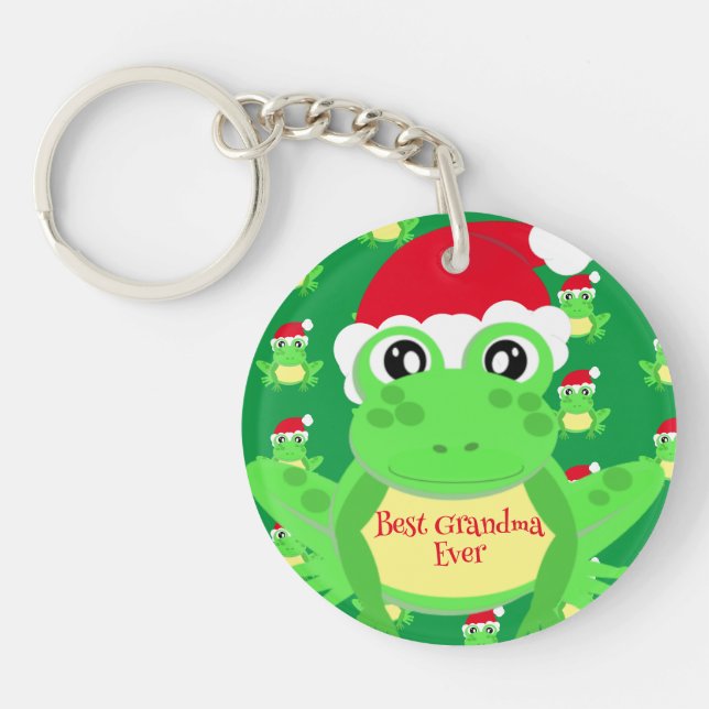 Christmas Photo Green Frog Santa Hat Pattern Key Ring (Front)