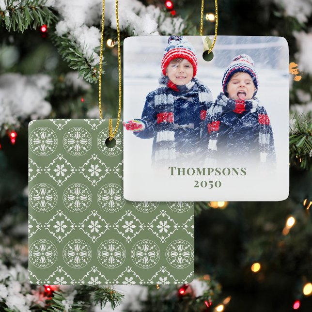 Christmas Photo Green Pattern Personalised Ceramic Ornament (Customize this template for a beautiful Christmas holiday decor. )