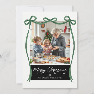 Christmas Photo Green Watercolor Ribbon Holiday Card