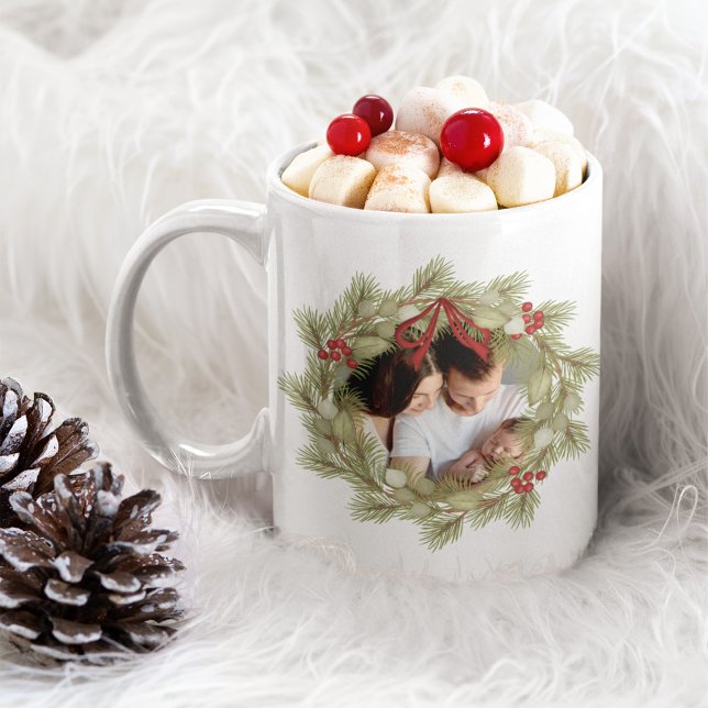 Christmas Photo Greenery Wreath Holly Berries  Coffee Mug (Elegant Christmas photo wreath custom coffee mug. )