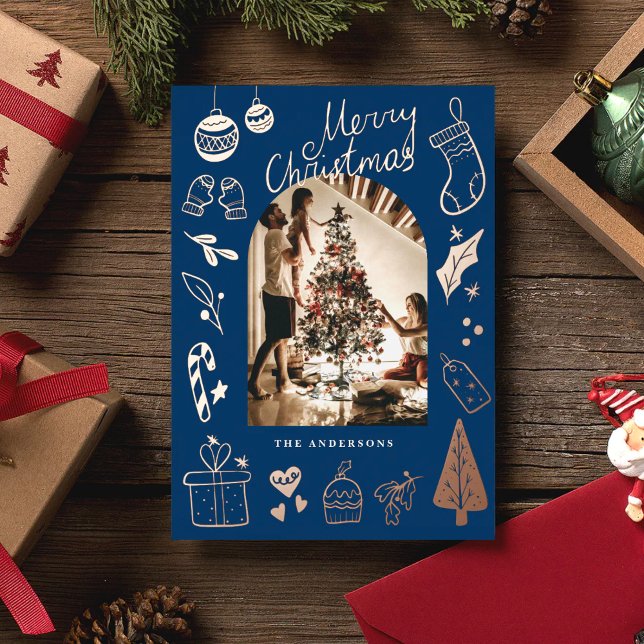 Christmas Photo Hand Drawn Blue Holiday Foil Card (Creator Uploaded)