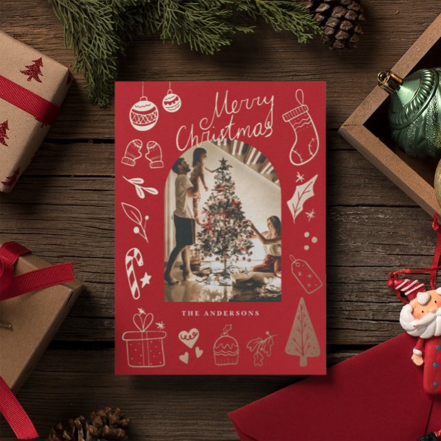 Christmas Photo Hand Drawn Red Holiday Foil Card (Creator Uploaded)