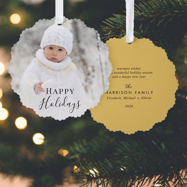 Christmas Photo Happy Holidays Gold Tree Decoration Card (Share the love and warmth of the holiday season with a photo paper ornament card)