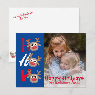 Christmas Photo Ho Ho Ho Cartoon Reindeer Blue Holiday Card