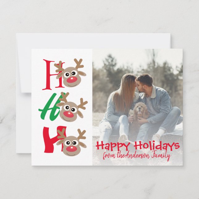 Christmas Photo Ho Ho Ho Cartoon Reindeer White Holiday Card (Front)