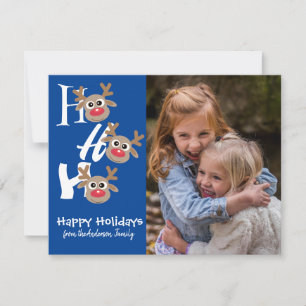Christmas Photo Ho Ho Ho Reindeer Blue Novelty Holiday Card