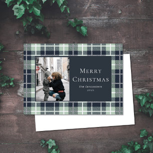 Christmas Photo Holiday Blue Mint Plaid Flat Card