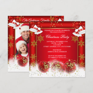 Christmas Photo Holiday Party Red Gold Bauble Invitation