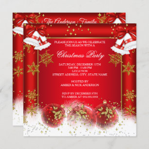 Christmas Photo Holiday Party Red Gold Bauble Invitation