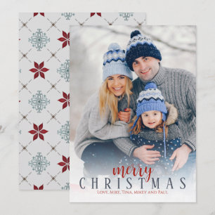Christmas Photo Holiday Red Blue Elegant Pattern Card