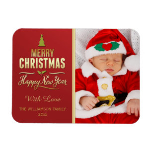 Christmas Photo Holiday Typography Red Gold Magnet