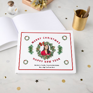 Christmas Photo Holidays New Year Wreath Custom Guest Book