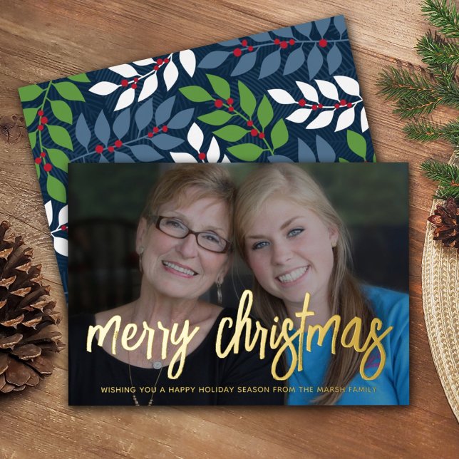 Christmas Photo horizontal Lucky Merry Christmas  Foil Holiday Card (Creator Uploaded)