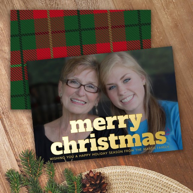Christmas Photo horizontal Merry Christmas Plaid Foil Holiday Card (Creator Uploaded)