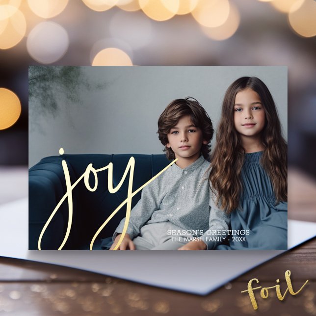 Christmas Photo Horizontal Script Gold JOY navy Foil Holiday Card (Gold Foil Christmas Photo Card - Modern Holiday Greeting)