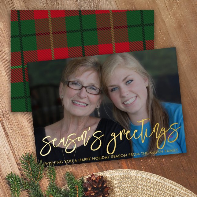 Christmas Photo horizontal Season's Greeting Plaid Foil Holiday Card (Creator Uploaded)