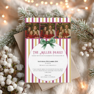 Christmas Photo Invitation • Pink Gold Striped
