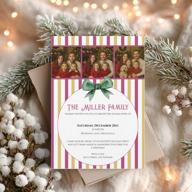 Christmas Photo Invitation • Pink Gold Striped  (Modern Christmas photo invitation with red pink gold stripes and green bow)