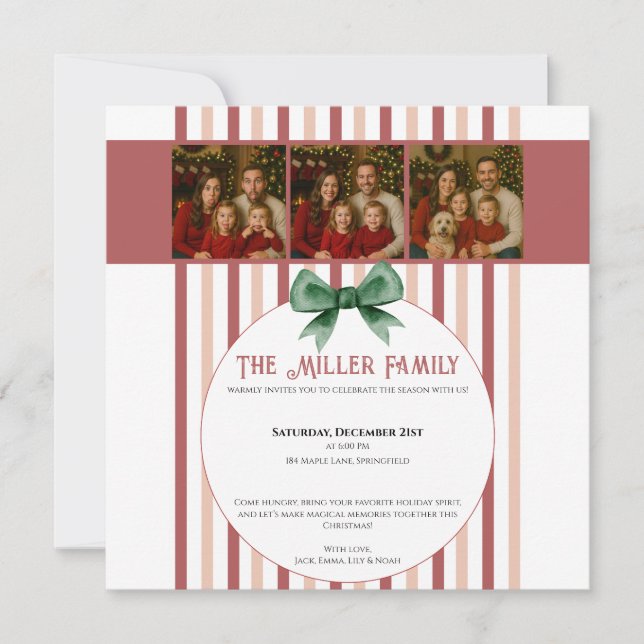 Christmas Photo Invitation • Red Striped Holiday (Front)