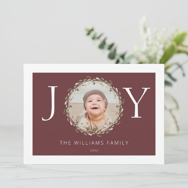 Christmas photo joy watercolor wreath burgundy red (Standing Front)