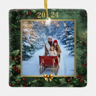 Christmas Photo Memories: Foliage & Gold Bow Ceramic Ornament