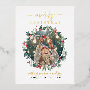 Christmas Photo Mistletoe Berries Modern Gold Foil Holiday Postcard