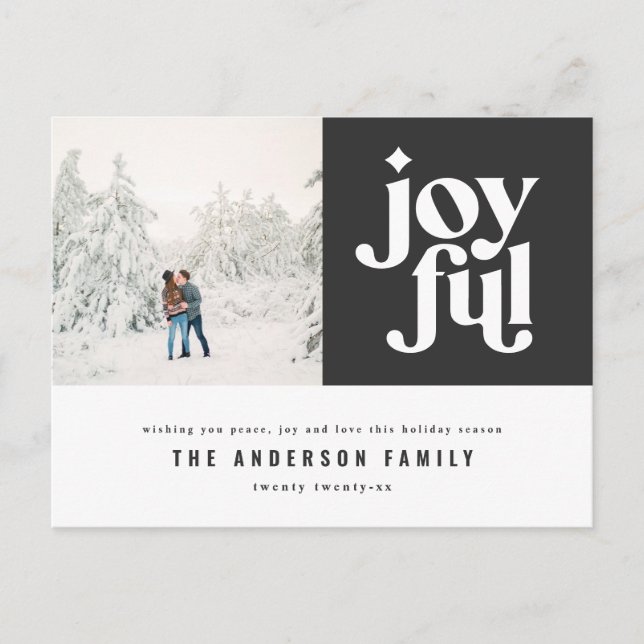 Christmas photo modern joyful typography black holiday postcard (Front)