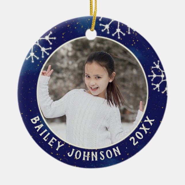 Christmas Photo Monogram Constellation Pattern Ceramic Ornament (Front)