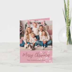 Christmas Photo Name Pink Snowflake Elegant Script Holiday Card