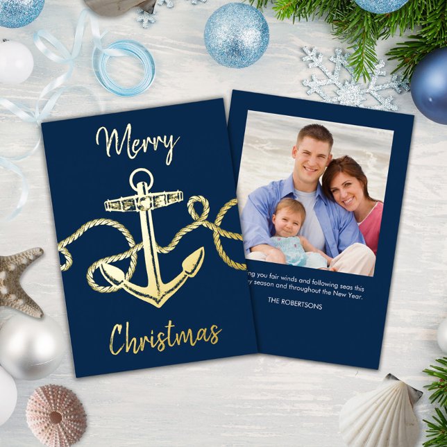 Christmas Photo Nautical Anchor Navy Gold Foil Holiday Card (Creator Uploaded)