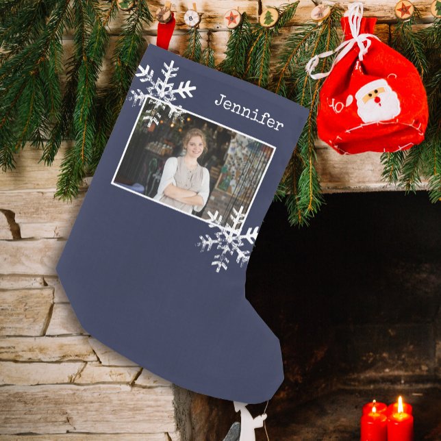 Christmas Photo Navy Blue Distressed Snowflakes Small Christmas Stocking (Distressed Rustic Snowflake design that can be personalized with a  photo and name monogram.)