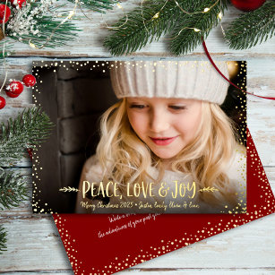 Christmas Photo Peace Love Joy Script Real Gold Foil Holiday Card