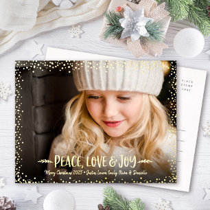 Christmas Photo Peace Love Joy Script Real Gold  Foil Holiday Postcard