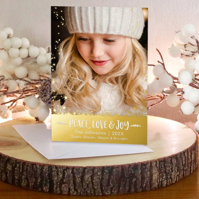Christmas Photo Peace Love Joy Stars Real Gold Foil Holiday Card (Creator Uploaded)