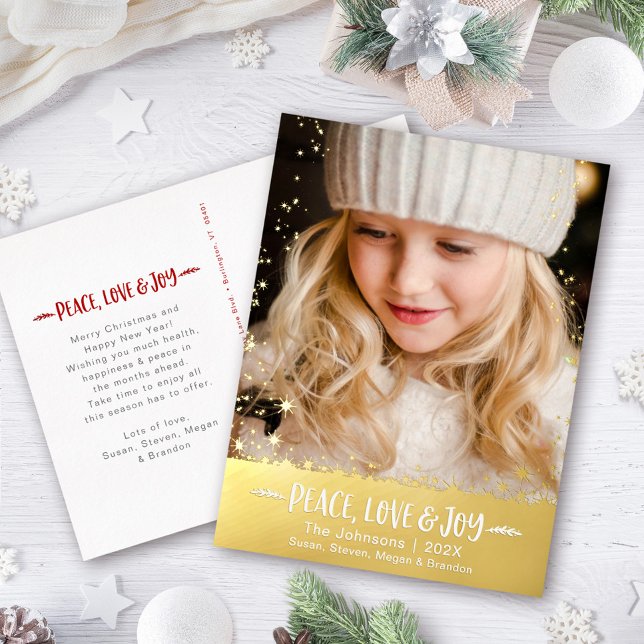 Christmas Photo Peace Love Joy Stars Real Gold Foil Holiday Postcard (Creator Uploaded)