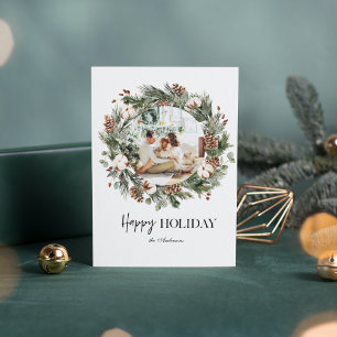 Christmas Photo & Pine Green Wreath Happy Holiday