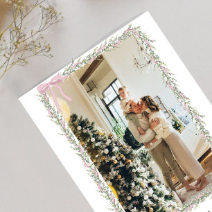 Christmas Photo Pink Bow Coquette Garland Holiday Postcard