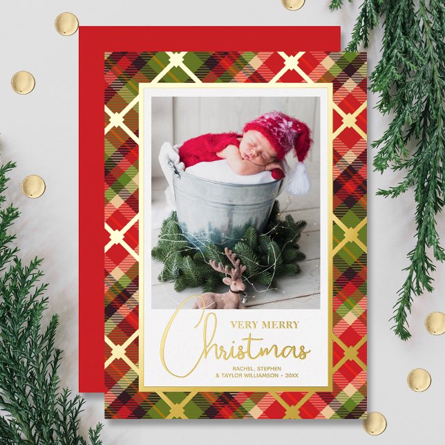 Christmas Photo Plaid Gold Foil Holiday Card (Creator Uploaded)