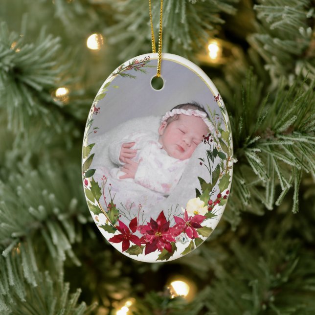 Christmas Photo Poinsettia Ceramic Ornament (Tree)