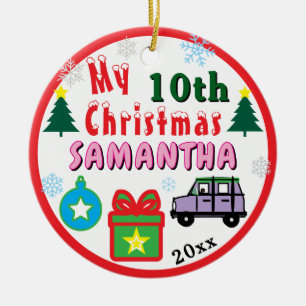 Christmas PHOTO Purple Car Girl Age Ceramic Ornament