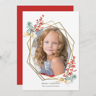 Christmas Photo Red Berries Gold Geometric Frame Holiday Card