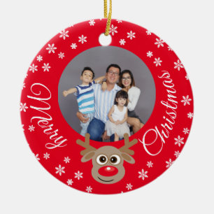 Christmas Photo Red Cute Reindeer White Script Ceramic Ornament